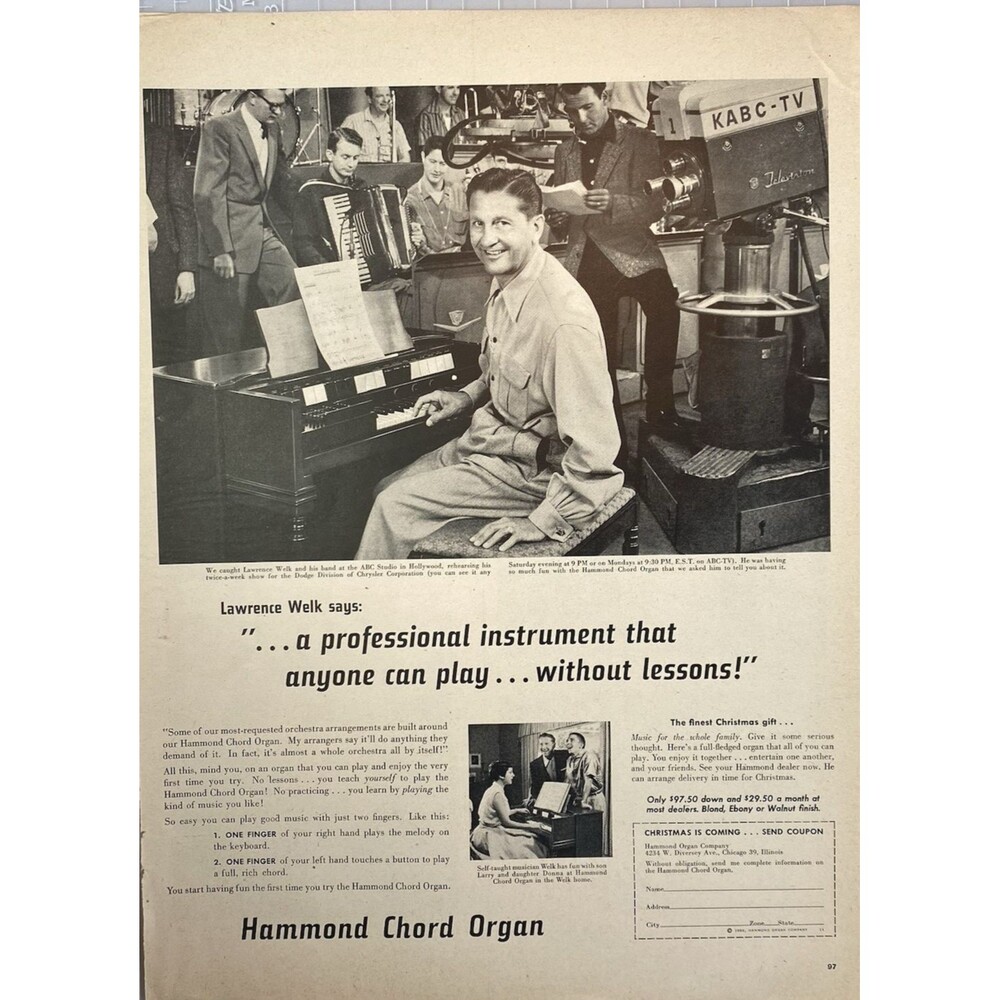 Hammond Chord Organ "Lawrence Welk: A Professional Instrument for All" Ad 1956